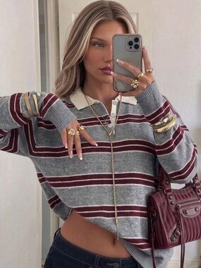 Women's Loose Oversized Striped Collared Casual Knit Pullover, American College